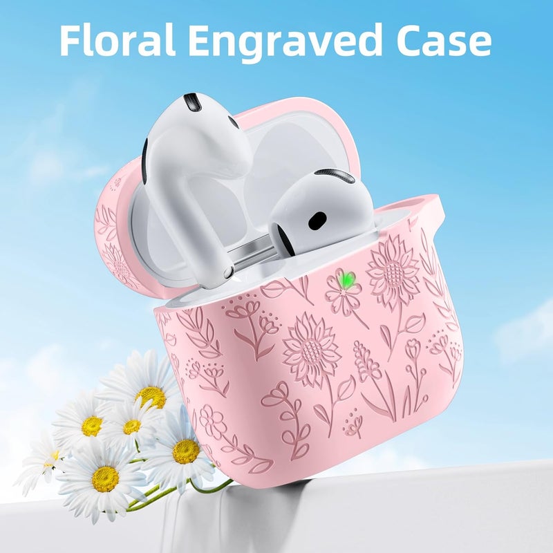 DAQIN for Airpods 4 Case, Cute Flower Engraved Silicone Protective Cover with Cleaner Kit & Keychain Compatible with Apple Airpods 4 Case 2024 for Women, Lightpink - Image 2